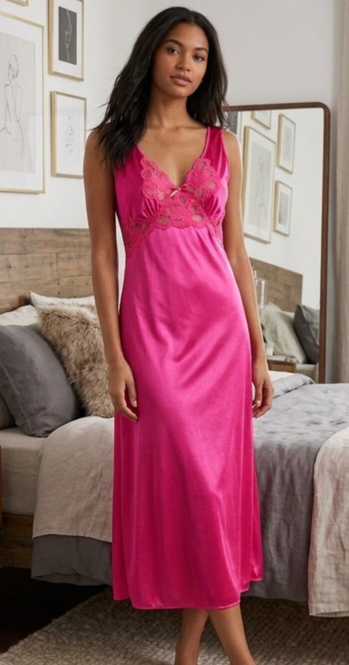 Vintage Adonna Bright Fuschia Lace and Nylon Chemise